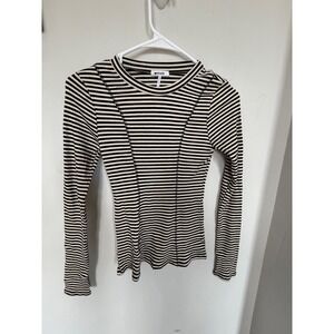US Made Womens XS Black‎ White Striped Ribbed Long Sleeve Top Exposed Seams LA
